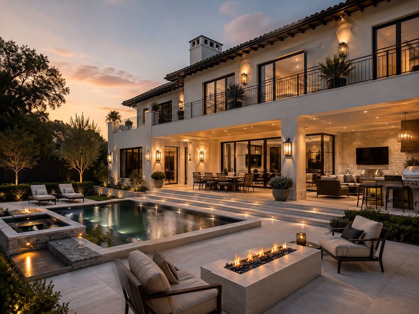 A finished rear yard at dusk: pool and raised spa, stone terrace, linear fire feature and a covered outdoor kitchen.