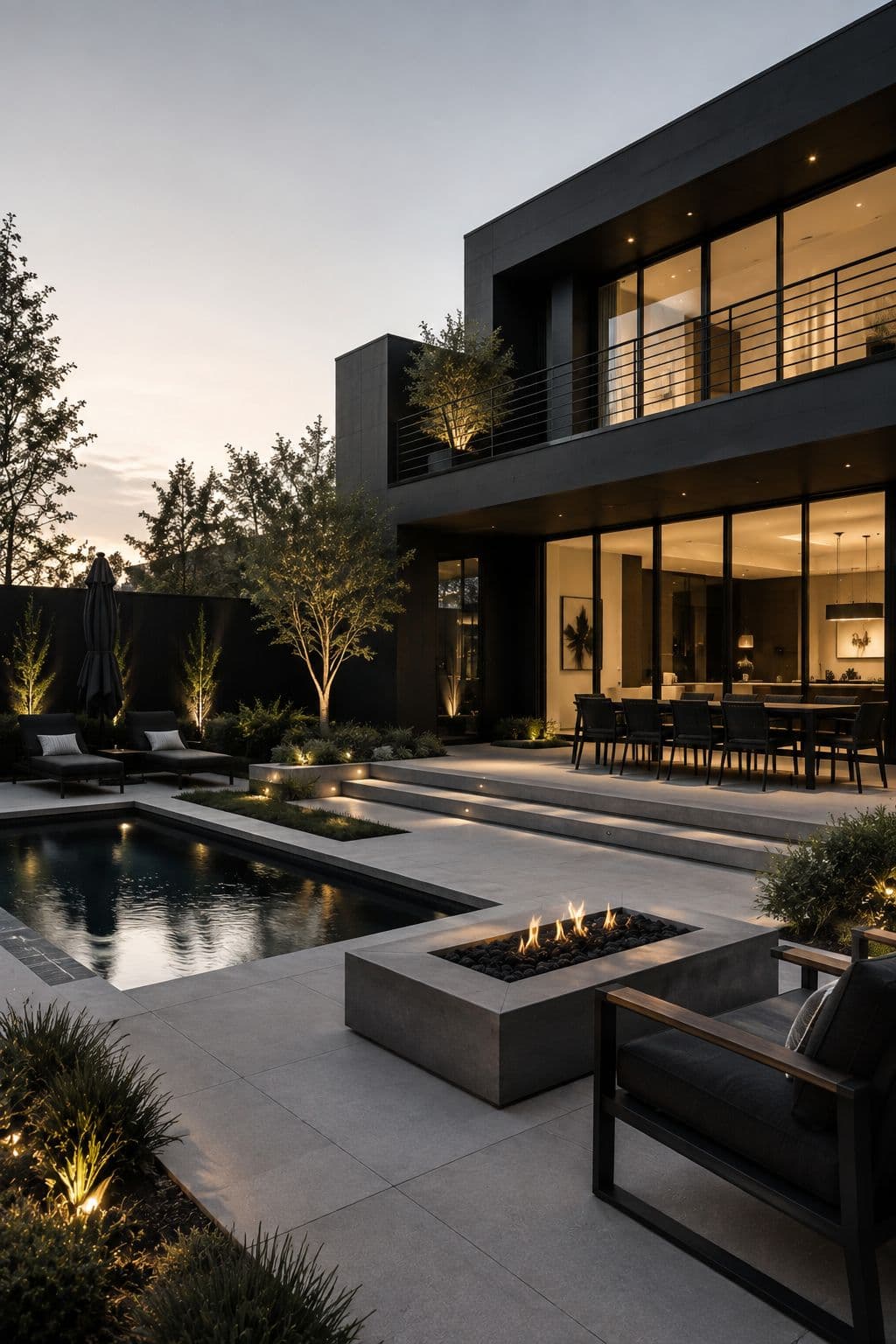 Modern rear yard. Dark plaster pool, fire table, uplit trees.