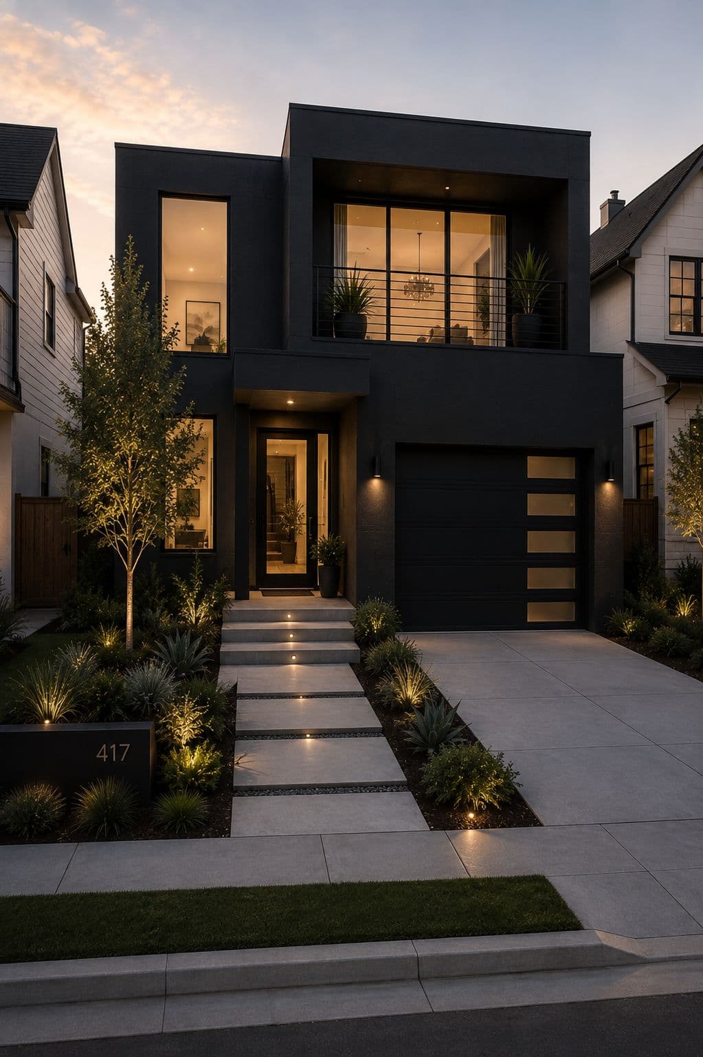 Contemporary front yard. Large-format driveway, planted runnels, path lighting.