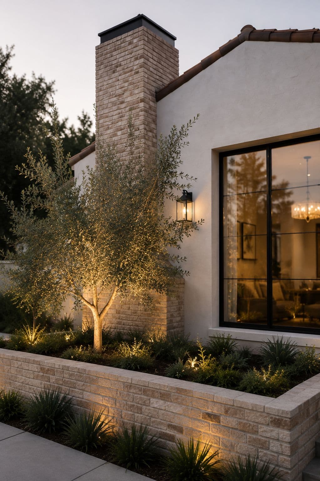 Raised planter & olive. Seat-height planter, olive specimen, low-water beds.