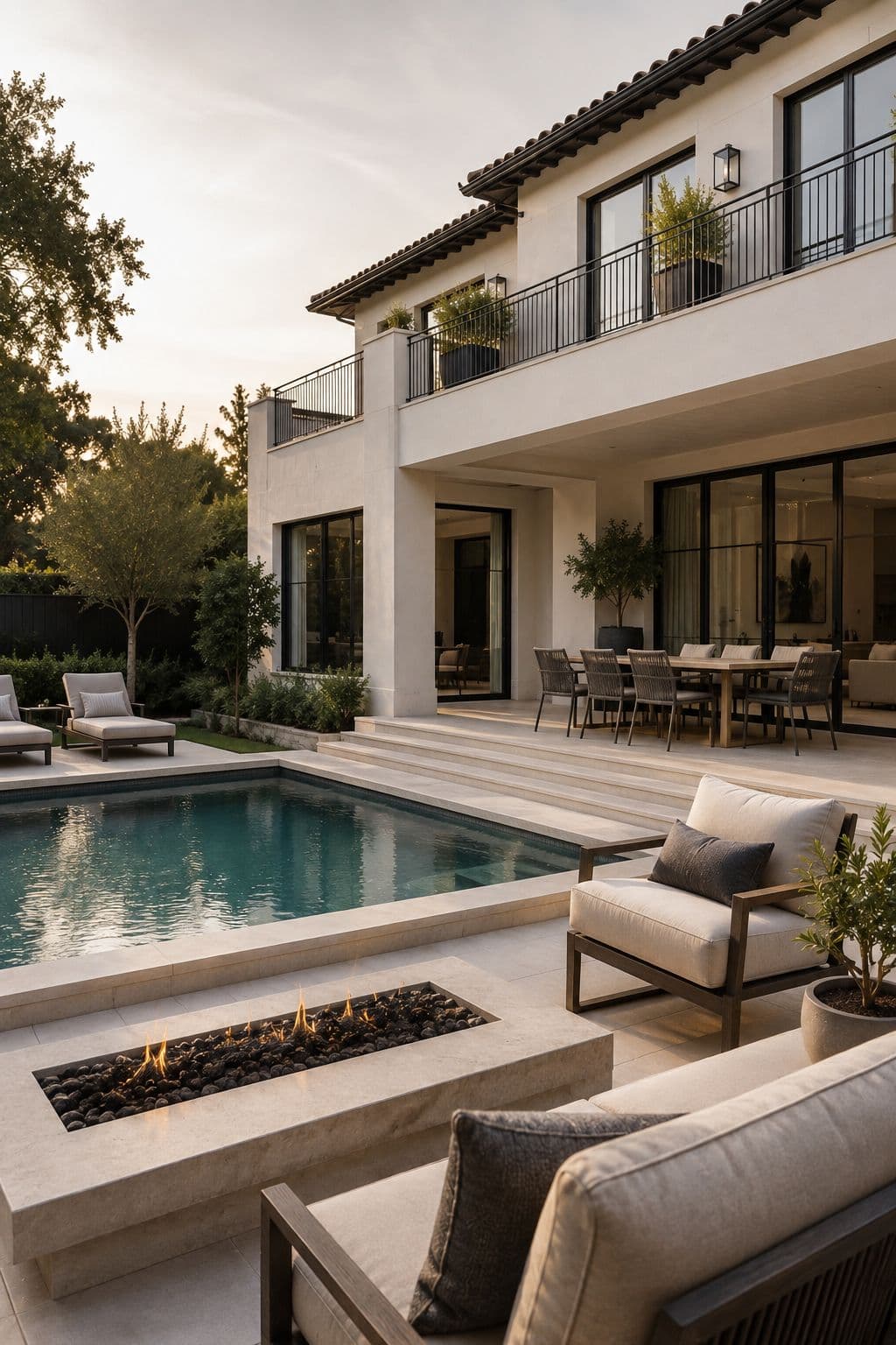 Pool & fire terrace. Travertine deck, flush spa, linear fire trough.