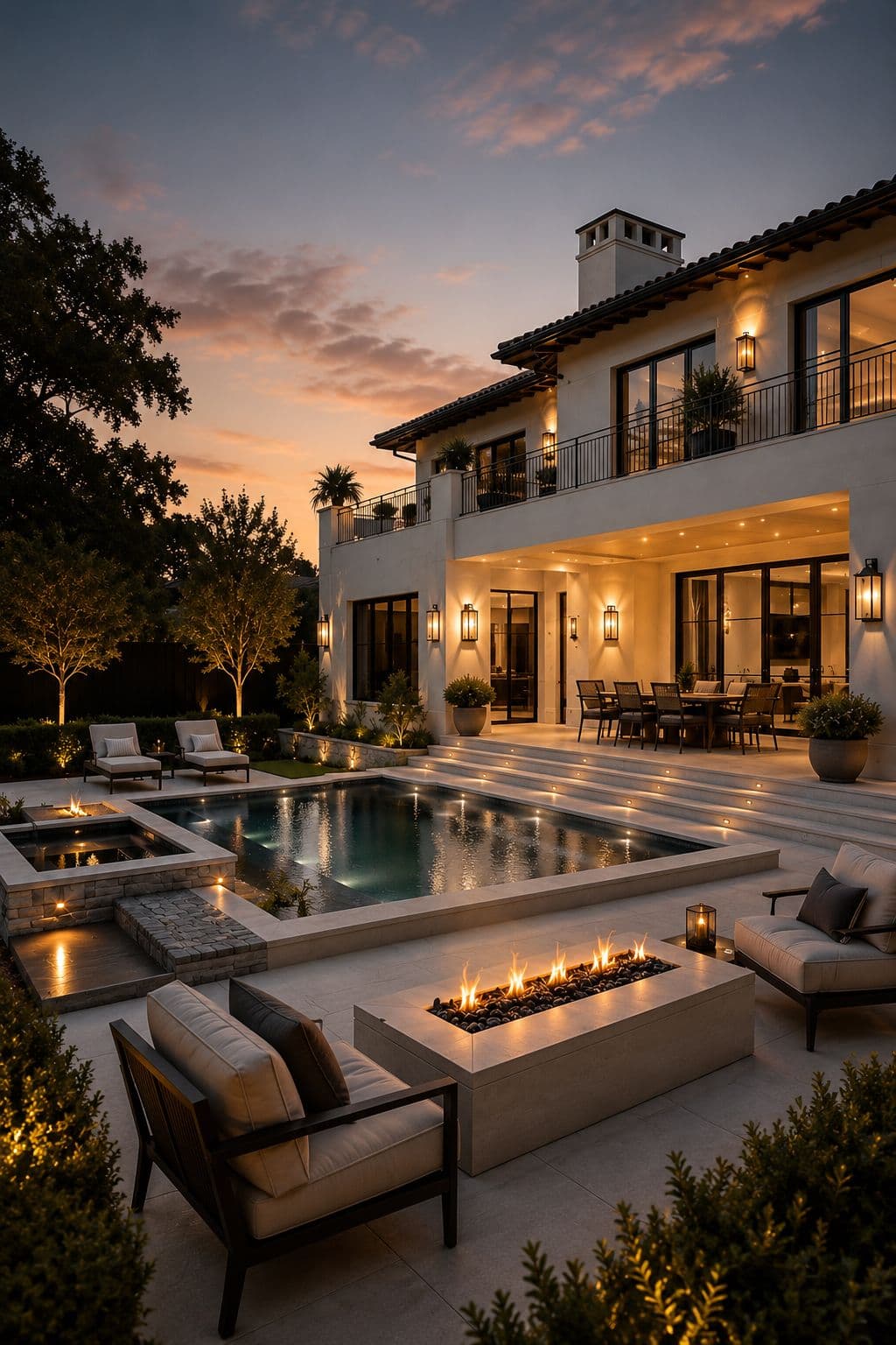 Pool, spa & fire at dusk. Raised spa with spillway, fire table, riser lights.