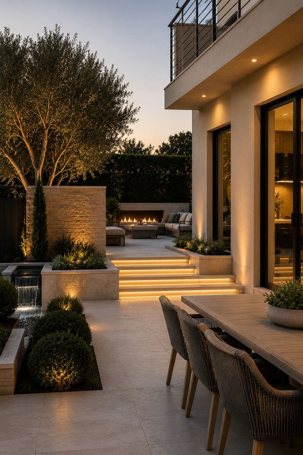 Terrace & water wall. Sheet-fall water feature, lit risers, outdoor fireplace.